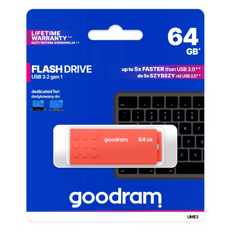 USB zibatmiņa GOODRAM UME3 64 GB USB Type-A 3.2 Gen 1, oranža, lasīšana 60 MB/s, rakstīšana 20 MB/s