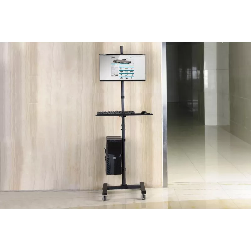 DIGITUS mobilā darbstacija (monitora stiprinājums, datora turētājs) maks. 8 kg slodze, 32 collu ekrāns – melna