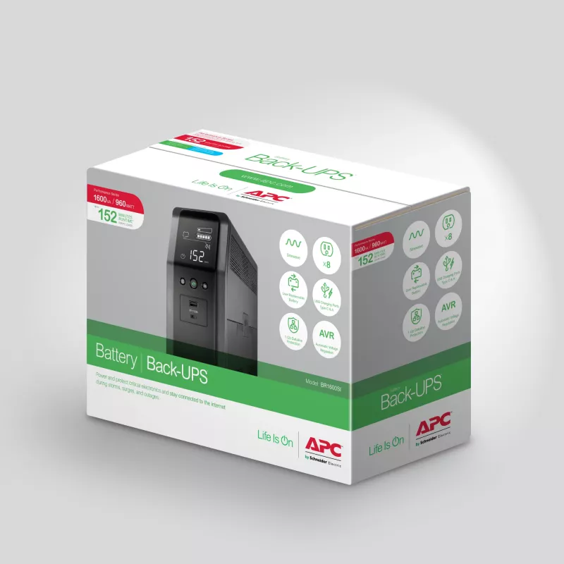APC Back-UPS Pro, 1600VA/960W, Tower, 230V, 8x IEC C13 ligzdas, sinusoidāls vilnis, AVR, USB A un C porti, LCD, lietotāja nomaināms akumulators