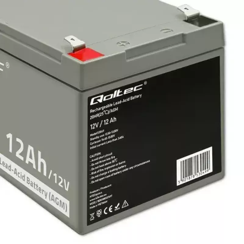 UPS akumulators QOLTEC 53049, VRLA AGM 12 V 12 Ah, pelēks, 150×98×95 mm