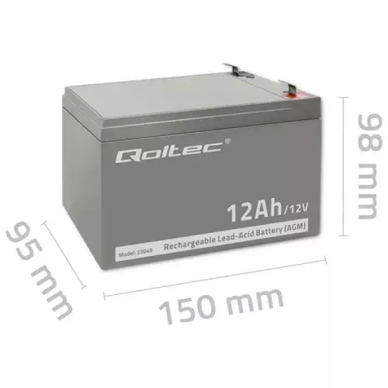 UPS akumulators QOLTEC 53049, VRLA AGM 12 V 12 Ah, pelēks, 150×98×95 mm