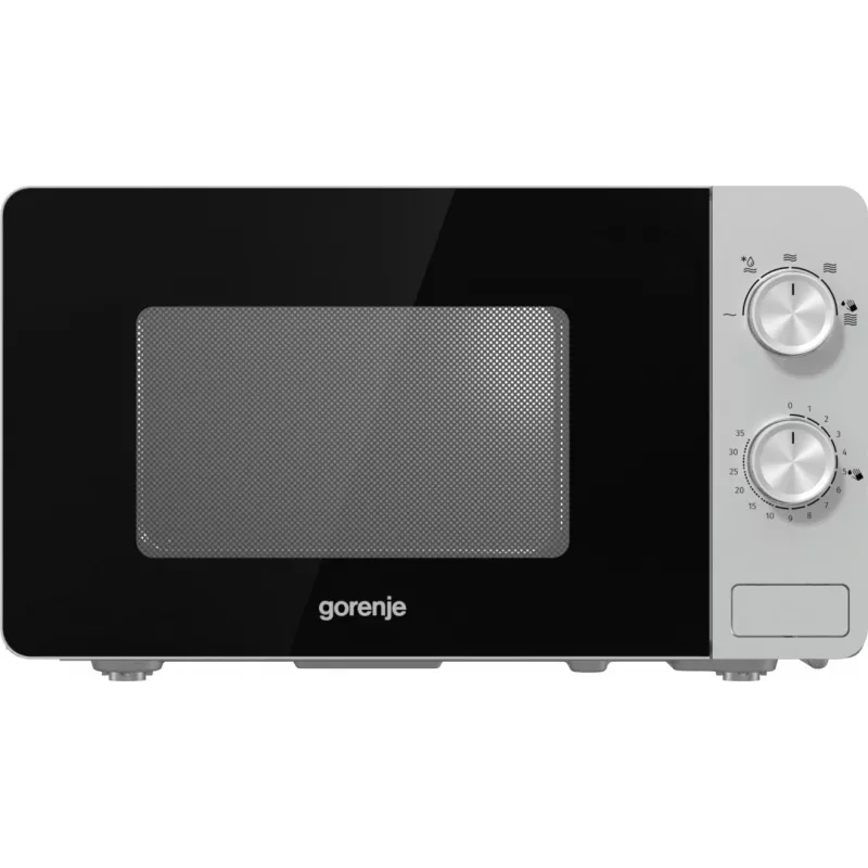Solo mikroviļņu krāsns Gorenje MO20E1S — 20 L, 800 W, rotējoša vadība, 270 mm rotējošais paliktnis, nerūsējošais tērauds/melna