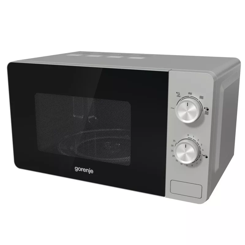 Solo mikroviļņu krāsns Gorenje MO20E1S — 20 L, 800 W, rotējoša vadība, 270 mm rotējošais paliktnis, nerūsējošais tērauds/melna