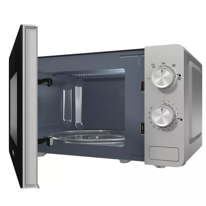 Solo mikroviļņu krāsns Gorenje MO20E1S — 20 L, 800 W, rotējoša vadība, 270 mm rotējošais paliktnis, nerūsējošais tērauds/melna