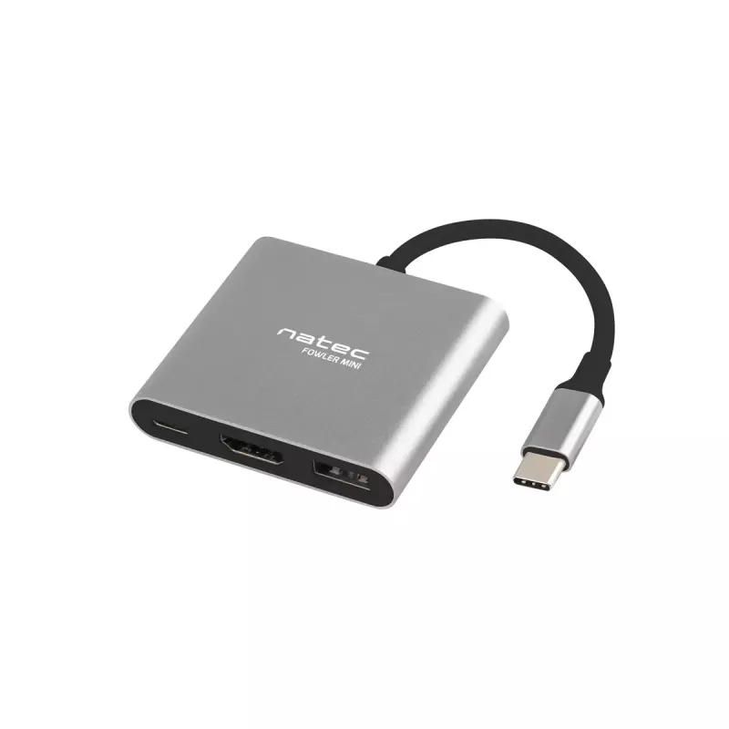USB-C uz HDMI un USB centrmezgls NATEC Fowler Mini — USB 2.0 Type-C saimniekdators, HDMI, USB-A un USB-C porti, pelēks