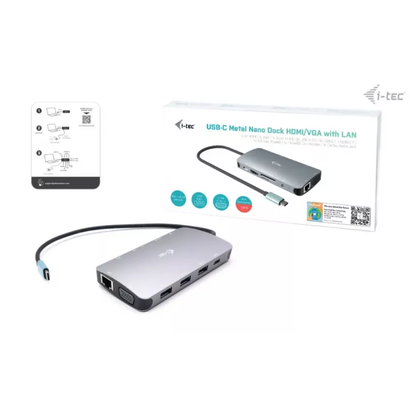 Docking Station i-tec Metal USB-C Travel Nano Dock HDMI/VGA ar LAN + Power Delivery 100 W
