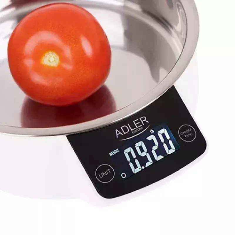 Elektroniskie virtuves svari Adler AD 3166 – 5 kg ietilpība, 1 g precizitāte, nerūsējošā tērauda bļoda 0,9 l, LCD, taimeris