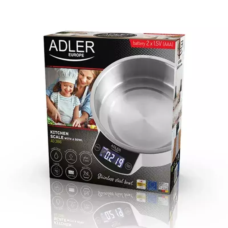 Elektroniskie virtuves svari Adler AD 3166 – 5 kg ietilpība, 1 g precizitāte, nerūsējošā tērauda bļoda 0,9 l, LCD, taimeris