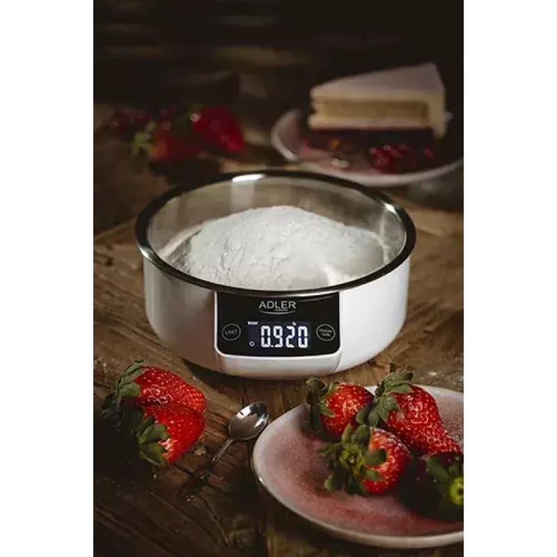 Elektroniskie virtuves svari Adler AD 3166 – 5 kg ietilpība, 1 g precizitāte, nerūsējošā tērauda bļoda 0,9 l, LCD, taimeris