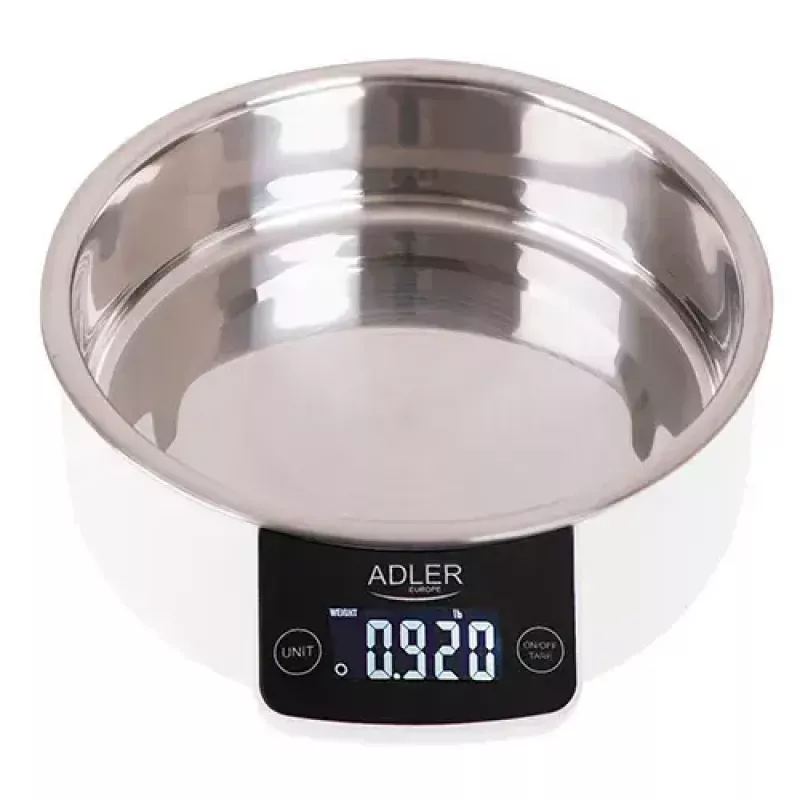 Elektroniskie virtuves svari Adler AD 3166 – 5 kg ietilpība, 1 g precizitāte, nerūsējošā tērauda bļoda 0,9 l, LCD, taimeris