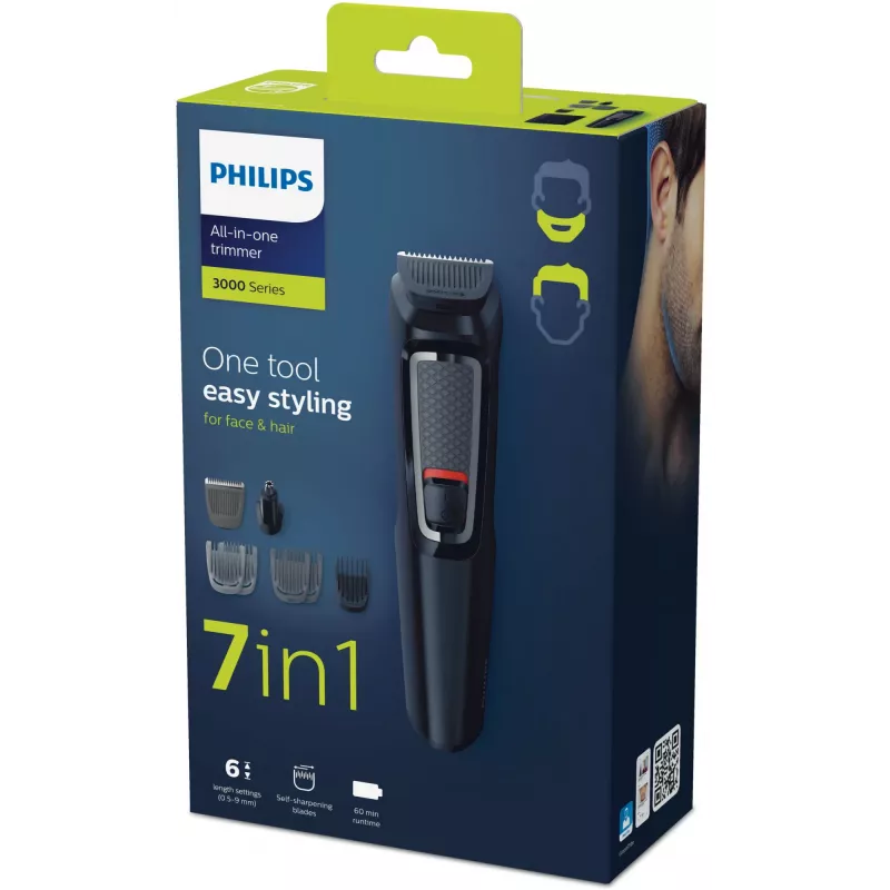 Multigroom trimmeris Philips MG3720/15 7-in-1 — 7 ķemmes, nerūsējošā tērauda asmeņi, 60 min darbības laiks, NiMH uzlādējams, melns