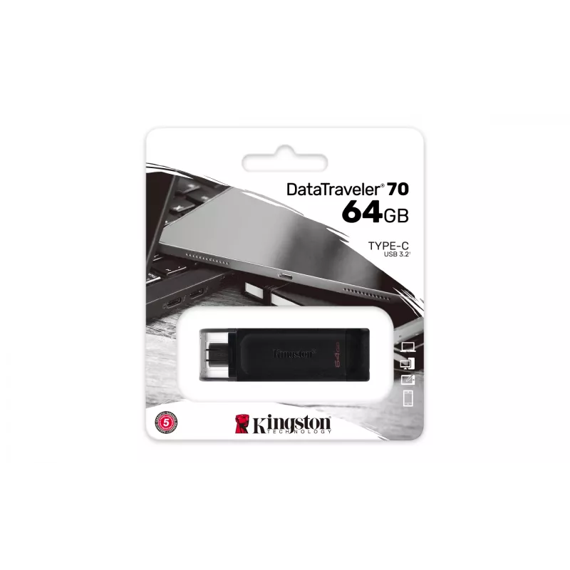 Kingston Technology DataTraveler 64GB USB-C 3.2 Gen 1 70, 64 GB, USB Type-C, 3.2 Gen 1 (3.1 Gen 1), Cap, 7 g, Melns