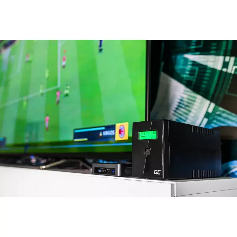 Nepārtrauktās barošanas avots zaļa Cell UPS08 — Line-Interactive 700 W / 230 V, 4× IEC ligzdas, USB, RJ-45, 12 V 7 Ah akumulators, tornis, melns
