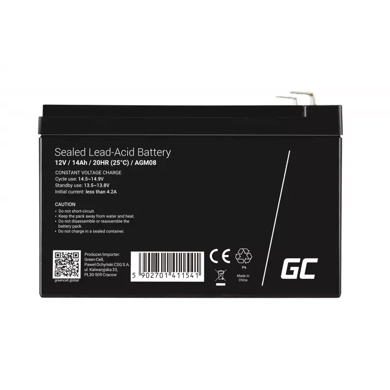 Uzlādējams AGM noslēgts svina-skābes akumulators zaļa Cell AGM08 12 V 14000 mAh, 98×151×95 mm, 3,45 kg