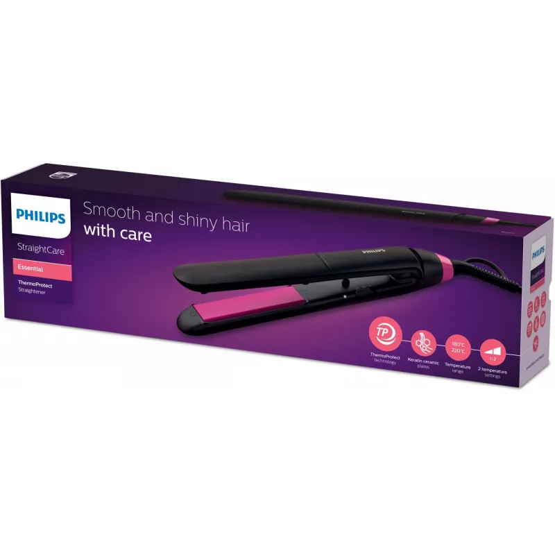 Iztaisnošanas suka Philips StraightCare Essential ThermoProtect BHS375/00 — keramiskas plāksnes 28 mm, 2 siltuma līmeņi, maks. 220°C