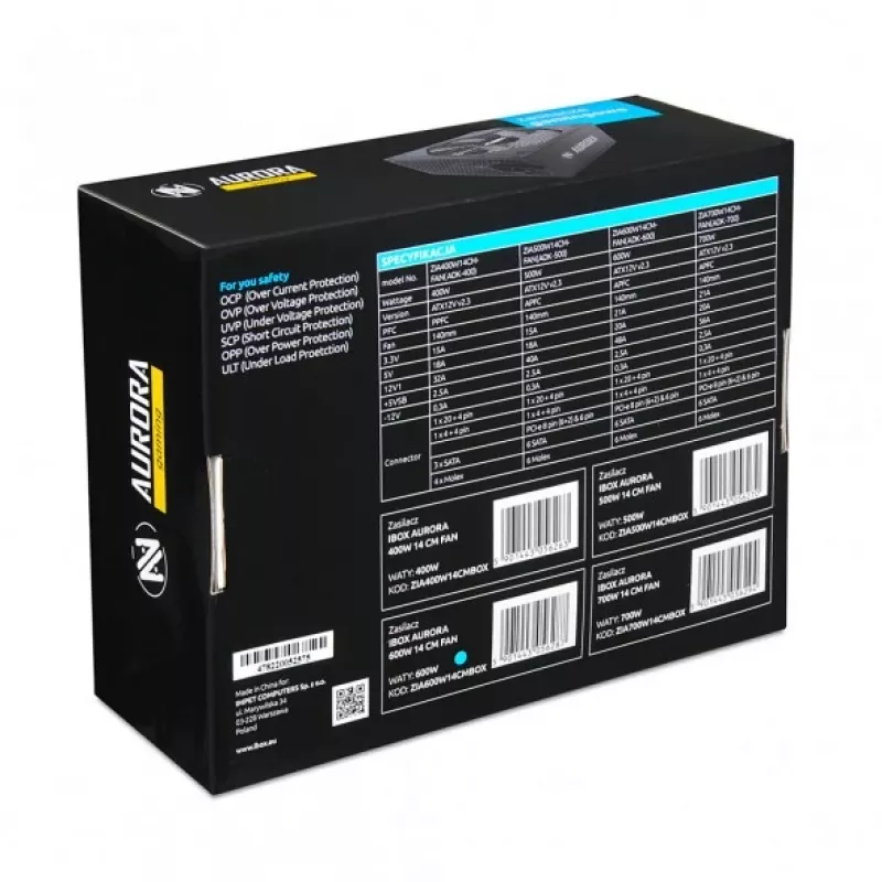Barošanas bloks IBOX iBox Aurora 600 W 20+4 kontaktu ATX, 140 mm ventilators, metāla korpuss, melns