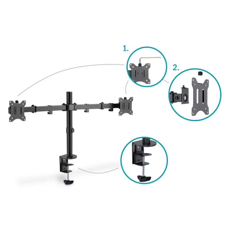 DIGITUS Univer.dual Monitor Clamp Mount 17-32in 2x 8kg (max.) Melns