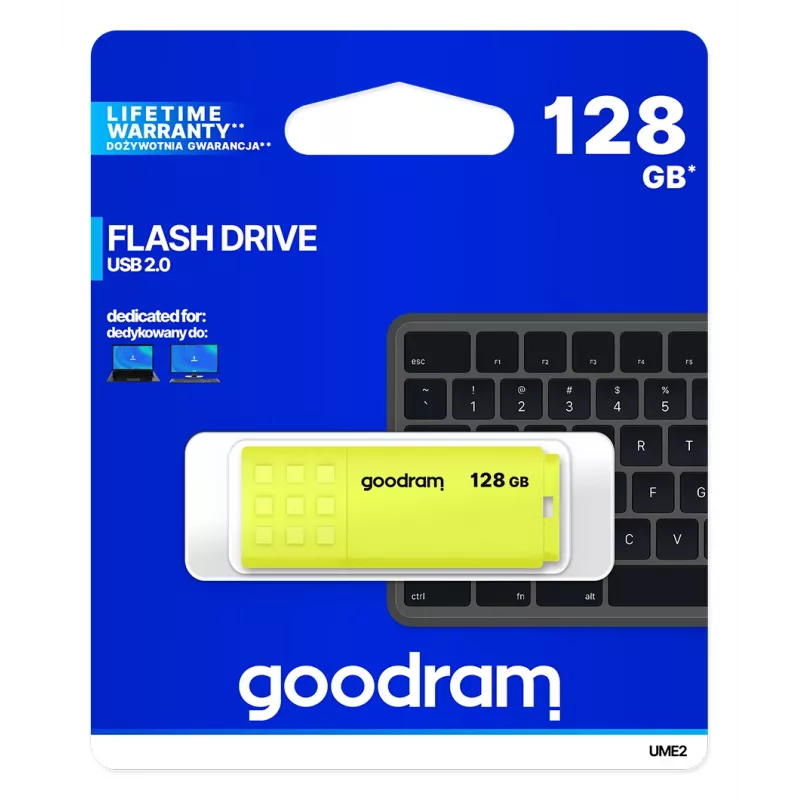 USB zibatmiņa GOODRAM UME2 128 GB USB 2.0 Type-A, dzeltena, 21×51 mm