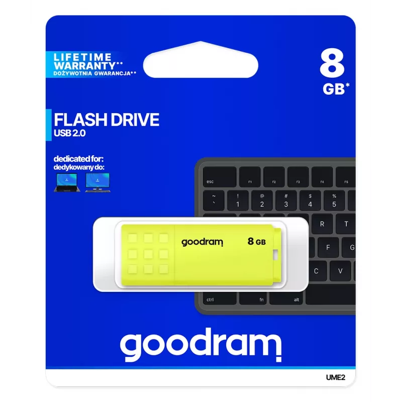 USB zibatmiņa GOODRAM UME2 8 GB USB 2.0 Type-A, dzeltena, vāciņa dizains