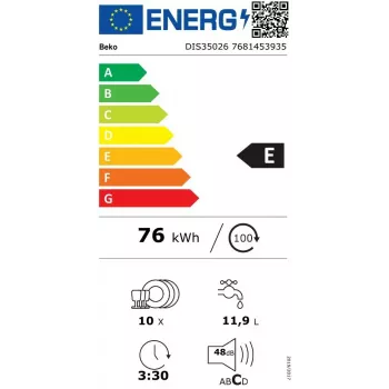 Iebūvējamā trauku mazgājamā mašīna BEKO DIS35026 — šaura 45 cm, 10 trauku komplekti, 48 dB, 5 programmas, E energoklase