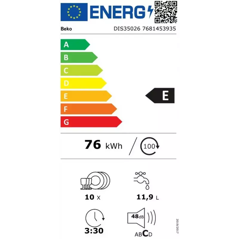Iebūvējamā trauku mazgājamā mašīna BEKO DIS35026 — šaura 45 cm, 10 trauku komplekti, 48 dB, 5 programmas, E energoklase