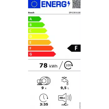 Iebūvējamā trauku mazgājamā mašīna Bosch Serie 2 SPV2IKX10E, šaura 45 cm, 9 trauku komplekti, 48 dB, 5 programmas, nerūsējošā tērauda vanna