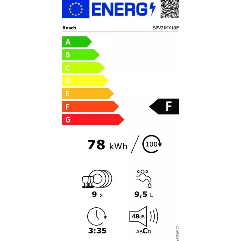 Iebūvējamā trauku mazgājamā mašīna Bosch Serie 2 SPV2IKX10E, šaura 45 cm, 9 trauku komplekti, 48 dB, 5 programmas, nerūsējošā tērauda vanna