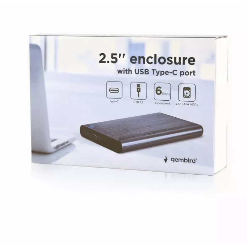 GEMBIRD USB 3.1 2,5 inch SATA HDD korpuss ar Type-C portu, matēts alumīnijs - pelēks