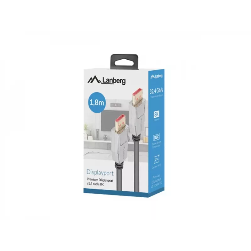 DisplayPort kabelis LANBERG CA-DPDP-20CU-0018-BK 1,8 m DisplayPort 1.4 32,4 Gbit/s HDR apzeltīts