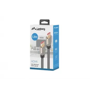 HDMI kabelis LANBERG CA-HDMI-30CU-0018-BK — HDMI 2.1, 1,8 m, 48 Gbit/s, 7680×4320, 240 Hz, ARC, eARC/Ethernet atbalsts