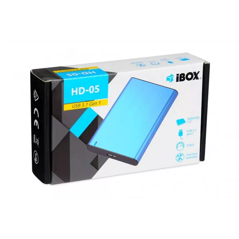 HDD/SSD korpuss IBOX HD-05 — 2,5 collu SATA III, USB 3.2 Gen 1 (Micro-USB B), līdz 10 TB, zils