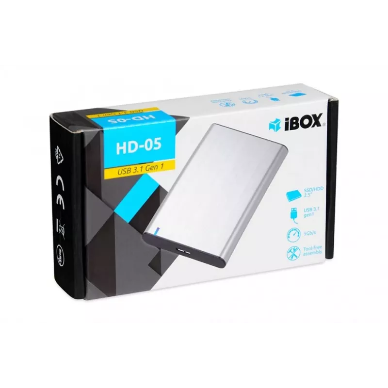 HDD/SSD korpuss IBOX HD-05 — 2,5 collu SATA III, USB 3.2 Gen 1 (5 Gbit/s), Micro-USB B, līdz 10 TB, pelēks