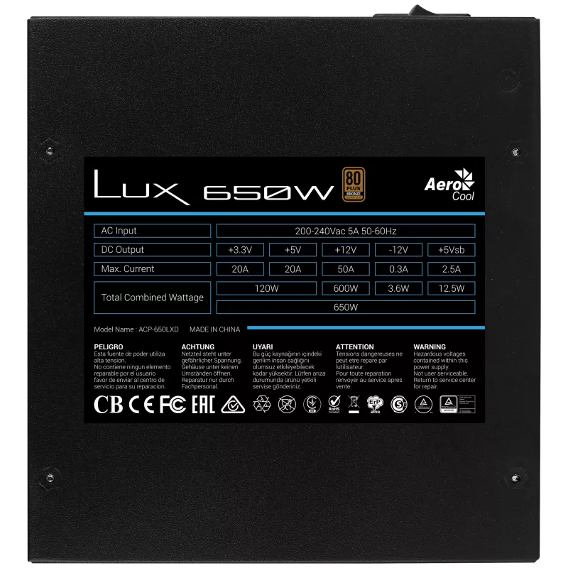 Aerocool LUX650 PC barošanas bloks 650W 80 Plus Bronze 230V 88% efektivitāte Melns