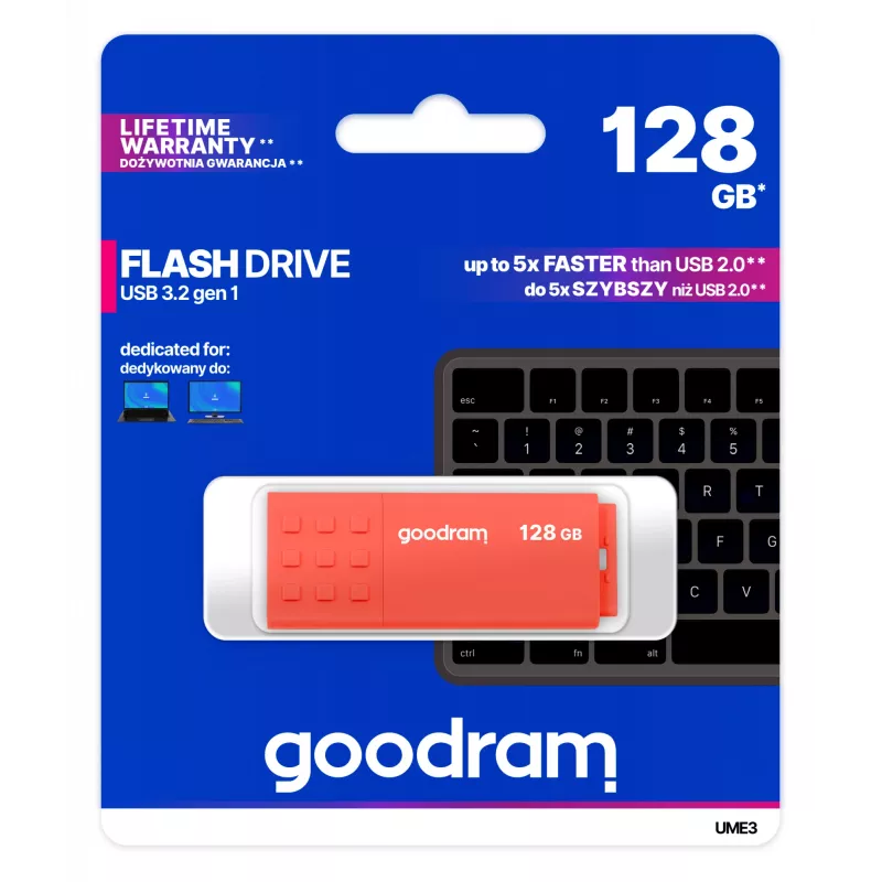 USB zibatmiņa GOODRAM UME3 128 GB USB Type-A 3.2 Gen 1, oranža, bez vāciņa, 60/20 MB/s