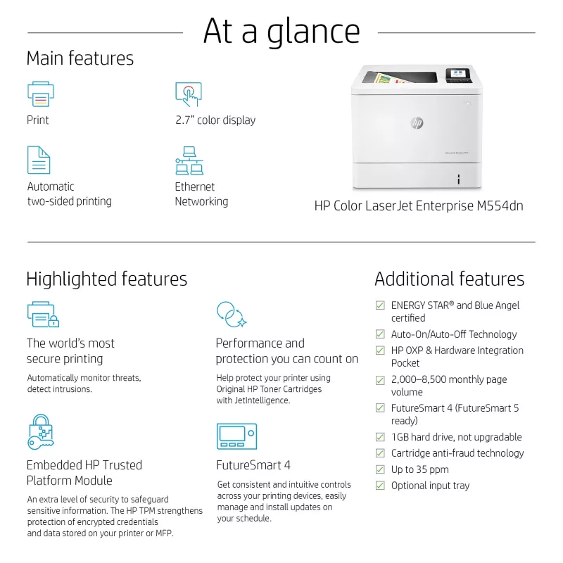 HP Color LaserJet Enterprise M554dn printeris, lāzeris, krāsu, 1200 x 1200 DPI, A4, 33 ppm, abpusējā drukāšana