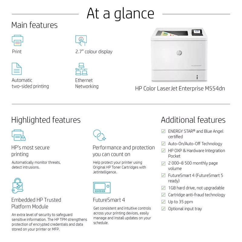 HP Color LaserJet Enterprise M554dn printeris, lāzeris, krāsu, 1200 x 1200 DPI, A4, 33 ppm, abpusējā drukāšana