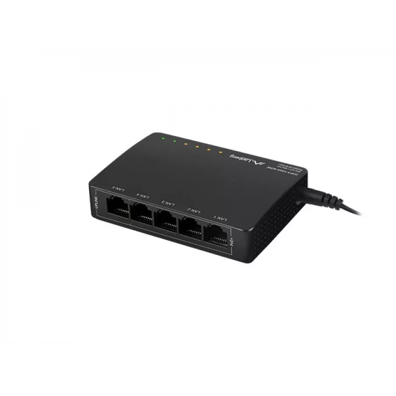 Nepārvaldāms tīkla slēdzis LANBERG DSP3-1005-60W, 5x Gigabit RJ-45, 4x PoE+ (60 W kopā), 10 Gbit/s pārslēgšana