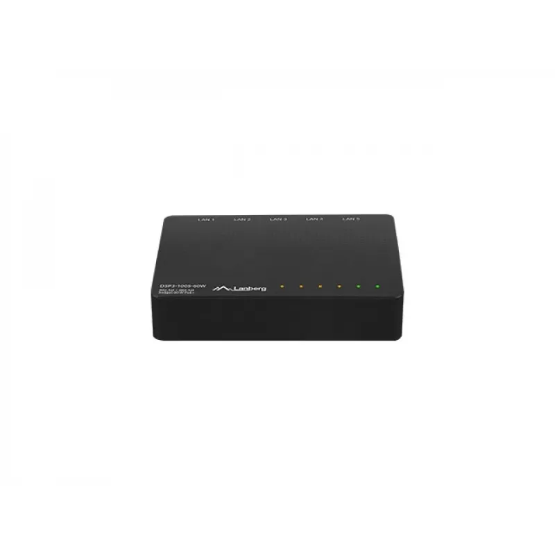 Nepārvaldāms tīkla slēdzis LANBERG DSP3-1005-60W, 5x Gigabit RJ-45, 4x PoE+ (60 W kopā), 10 Gbit/s pārslēgšana