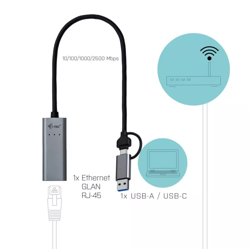 “i-tec Metal USB-C/USB-A 2.5Gbps Ethernet” adapteris, vadu, USB Type-A/USB Type-C, Ethernet, 2500 Mbit/s, pelēks