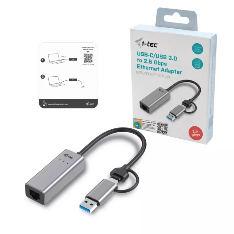 “i-tec Metal USB-C/USB-A 2.5Gbps Ethernet” adapteris, vadu, USB Type-A/USB Type-C, Ethernet, 2500 Mbit/s, pelēks