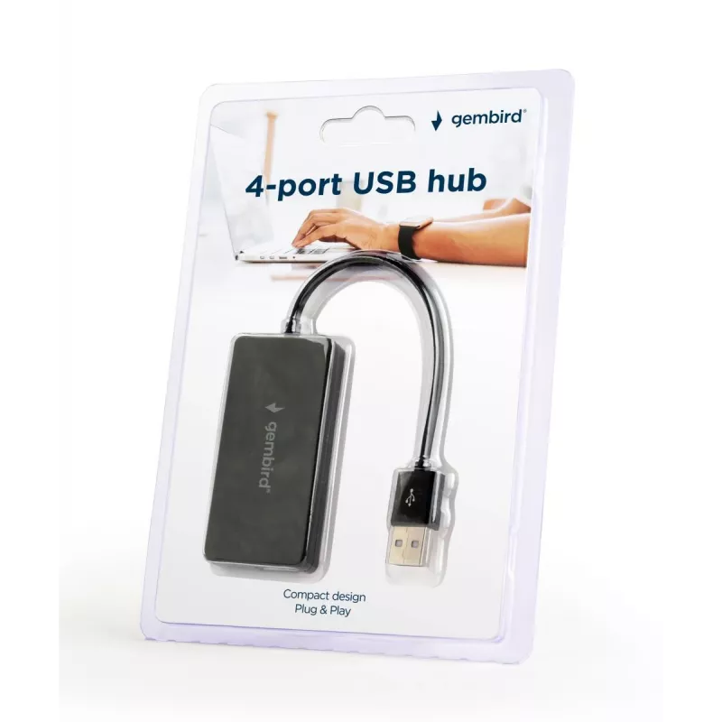 USB centrmezgls Gembird UHB-U2P4-04 — 4 pieslēgvietu USB 2.0, plug-and-play, melns, 480 Mbit/s