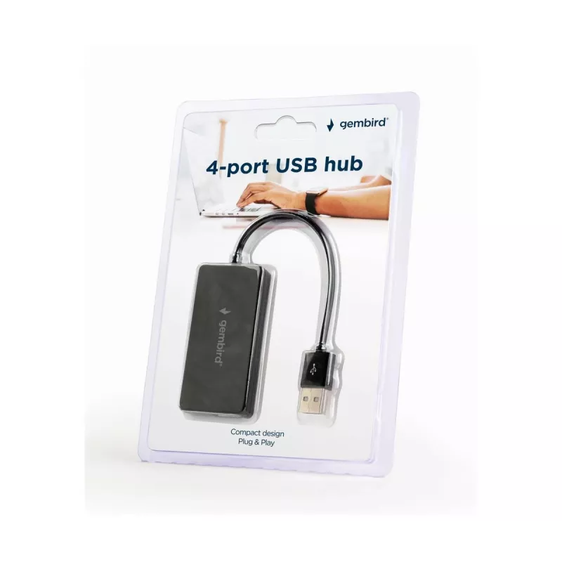 USB centrmezgls Gembird UHB-U2P4-04 — 4 pieslēgvietu USB 2.0, plug-and-play, melns, 480 Mbit/s