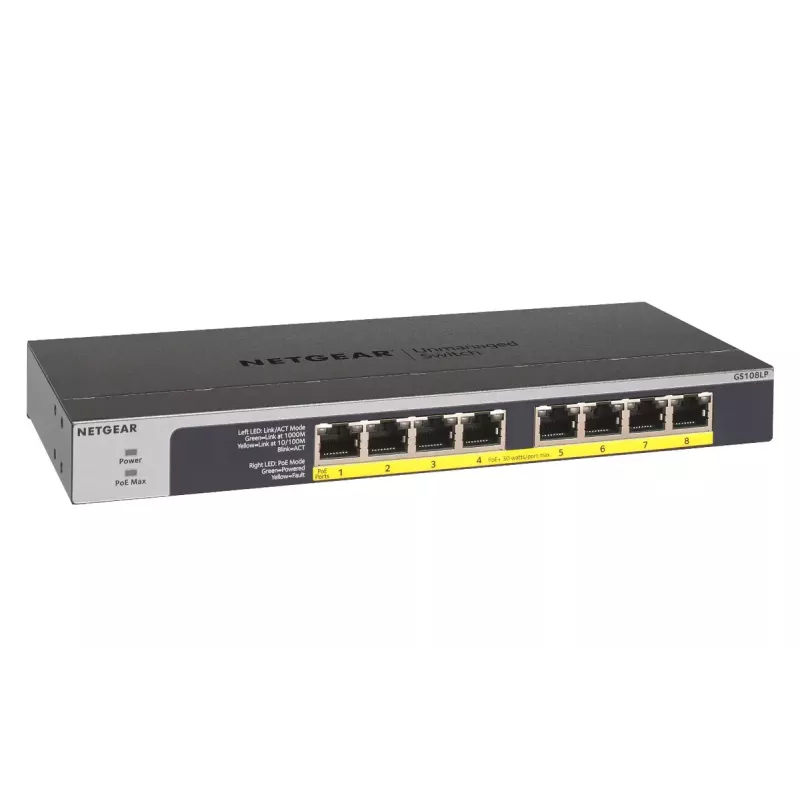 NETGEAR GS108LP Nepārvaldāms Gigabitu Ethernet (10/100/1000) barošana pa Ethernet (PoE) 1U Melns, Pelēks