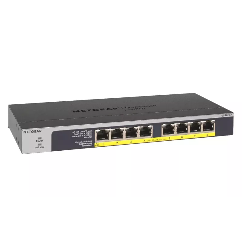 NETGEAR GS108LP Nepārvaldāms Gigabitu Ethernet (10/100/1000) barošana pa Ethernet (PoE) 1U Melns, Pelēks