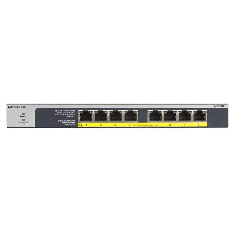 NETGEAR GS108LP Nepārvaldāms Gigabitu Ethernet (10/100/1000) barošana pa Ethernet (PoE) 1U Melns, Pelēks