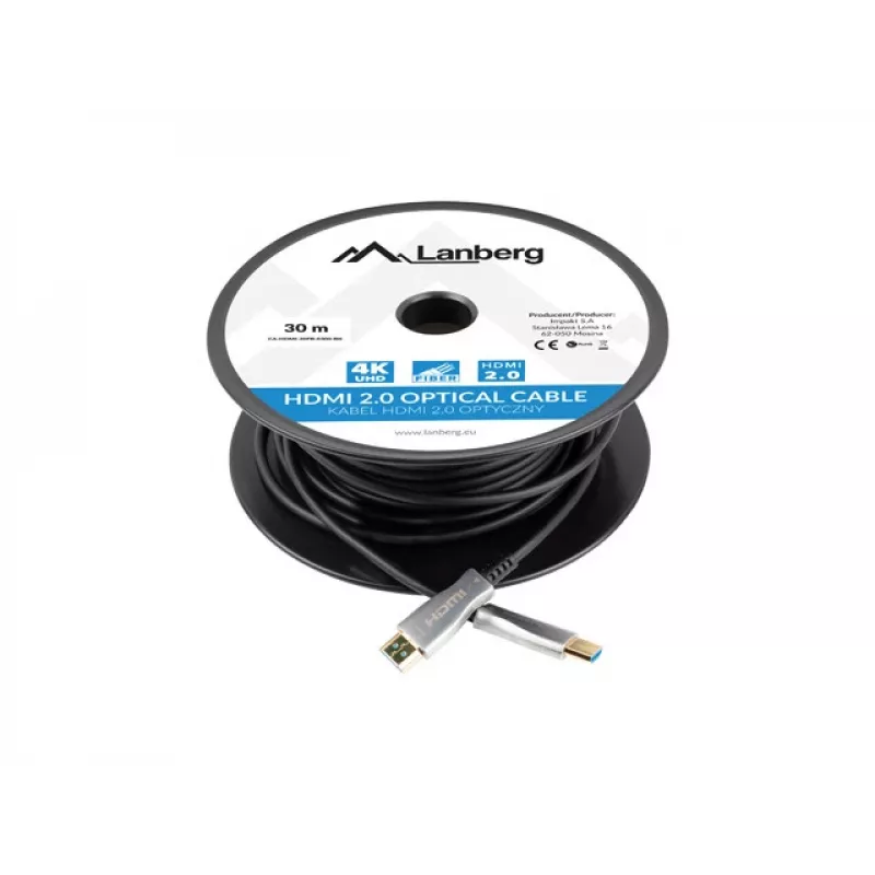 HDMI kabelis LANBERG CA-HDMI-20FB-0300-BK — 30 m, HDMI Type A vīrs-vīrs, HDMI 2.0, 18 Gbit/s, 4K@144Hz, HDR, ARC, Ethernet, melns