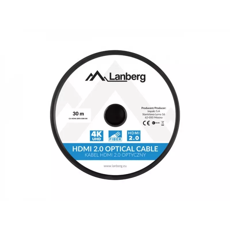 HDMI kabelis LANBERG CA-HDMI-20FB-0300-BK — 30 m, HDMI Type A vīrs-vīrs, HDMI 2.0, 18 Gbit/s, 4K@144Hz, HDR, ARC, Ethernet, melns