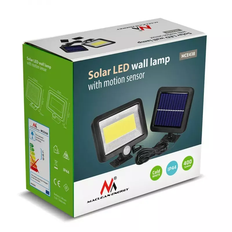 Āra saules LED prožektors MACLEAN MCE438, 5W, 400 lm, IP44, Li-Ion 5.2V, piestiprināms pie sienas, balta gaisma, melns