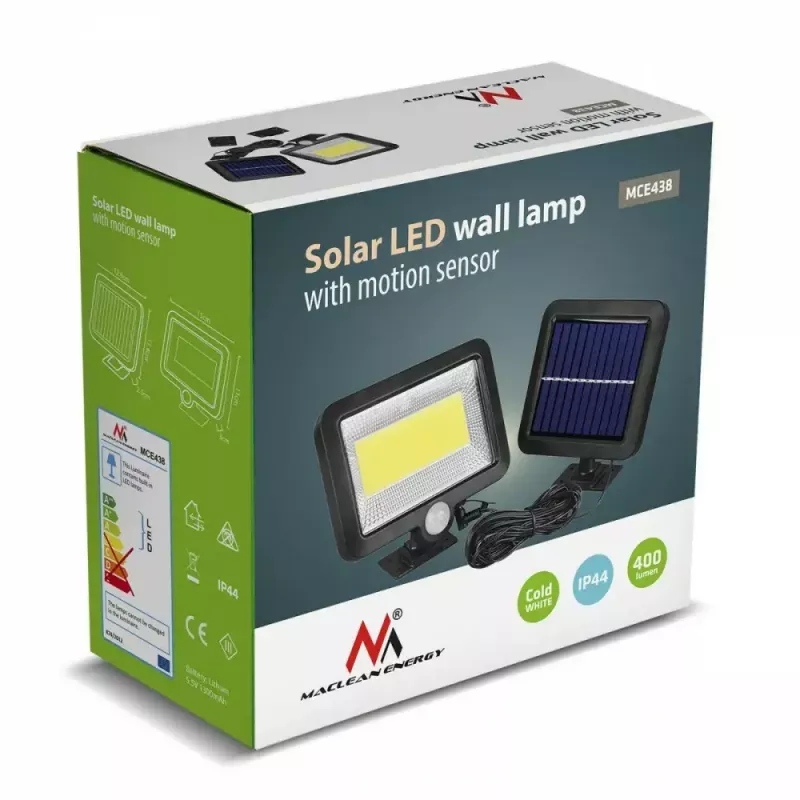 Āra saules LED prožektors MACLEAN MCE438, 5W, 400 lm, IP44, Li-Ion 5.2V, piestiprināms pie sienas, balta gaisma, melns