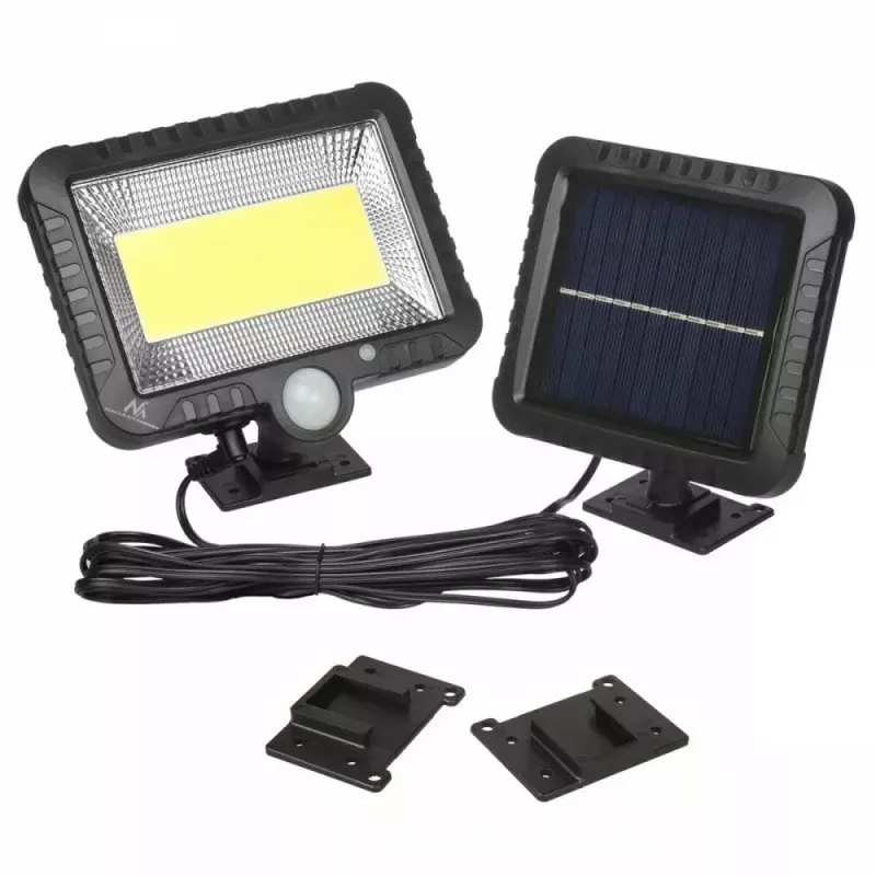 Āra saules LED prožektors MACLEAN MCE438, 5W, 400 lm, IP44, Li-Ion 5.2V, piestiprināms pie sienas, balta gaisma, melns